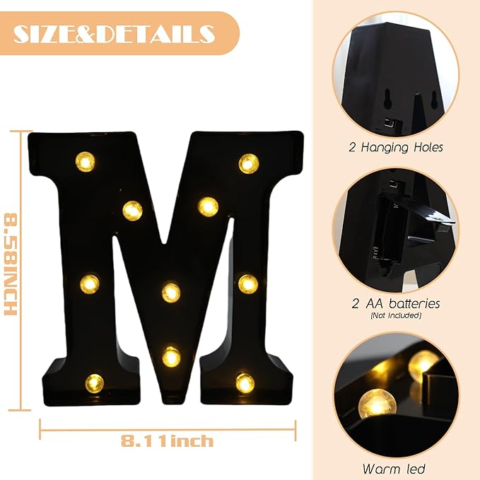 Led Marquee Letters, 8.58 Inch Black Light Up Letters, Small Led Letter Lights, Battery Powered Lighted Letterfor Table, Party, Birthday, Christmas Decor (Black, Letter M)