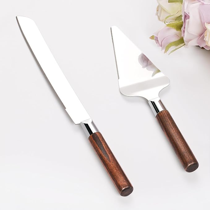Cake Cutting Set for Wedding, Wood Cake Knife and Server Set, Vintage Pie Cake Cutter, Silver Pizza Dessert Utensils Bridal Anniversary Birthday Quinceañera Gift (Original Wood)