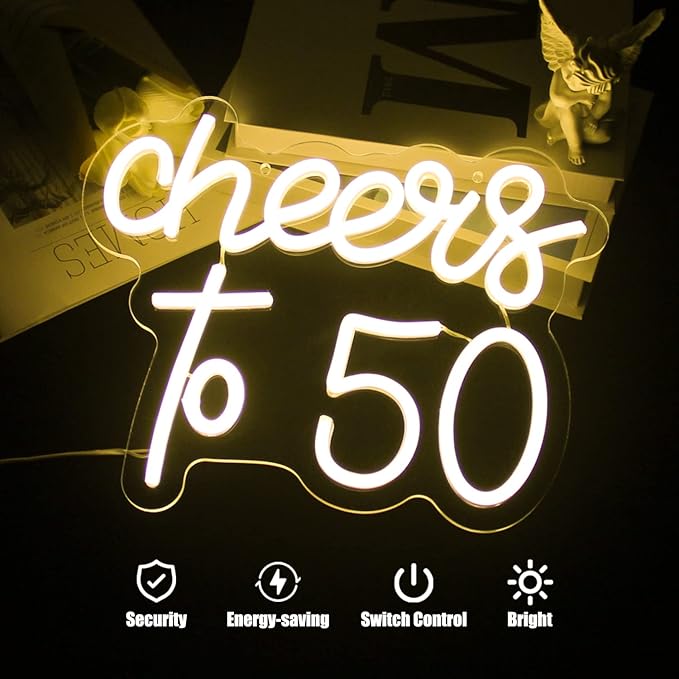 Cheers to 50 Neon Sign Happy 50th Birthday Neon Signs for Wall Decor Warm White LED Neon Light Sign Letter Neon light Cheers to 50 Years Neon Signs for Bedroom Bar Birthday Wedding Party Decor