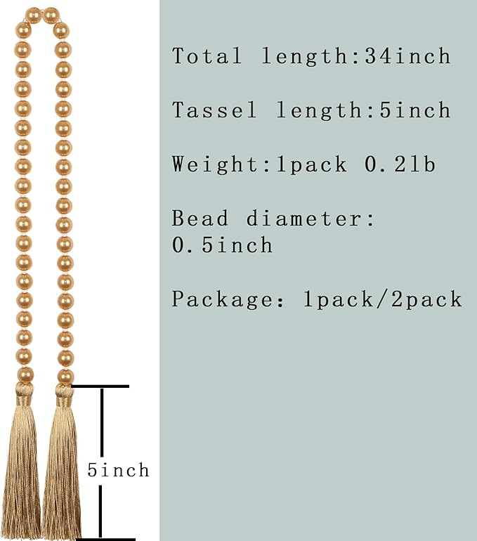 Fenghuangwu 34 Inch Pearl Glass Bead Garland with Tassels - Elegant Boho Table Decor, Fringe Wall Hanging for Wedding, Party, Farmhouse Rustic Prayer Bead Home Decoration(1 Pack,Gold)