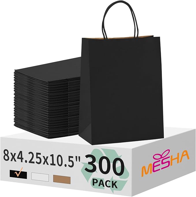 MESHA Gift Paper Bags 300 PACK 8x4.25x10.5'' Black Medium Shopping Kraft Bags Bulk with Handles Reusable for Business,Grocery,Birthday,Wedding,Kids Party,Favors