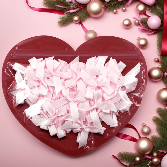 60pcs 1.7" Mini Pink Ribbon Bows Decor – Small DIY Satin Bows for Crafts, Little Bows for Gift Wrapping, Tiny Bow Stickers for Note Card Bow Baby Shower Cake and Candle Decorations