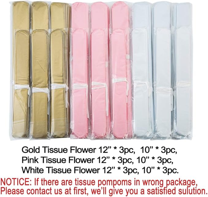 MOWO Paper Flower Tissue Pom Poms Baby Shower Party Supplies (Gold,Pink,White,18pc)