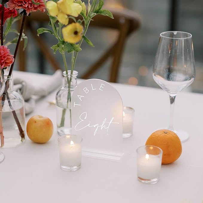 JINMURY Frosted Arch Wedding Table Numbers 1-30 with Stands, 5x7 Inch Frosted Arch Acrylic Sign with White Letters, Arched Acrylic Table Numbers for Wedding Reception
