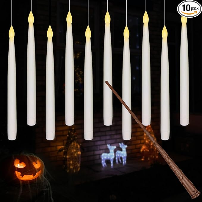 Leejec 10 Pcs of 10.8" Floating Candles with Magic Wand Remote, Halloween Decorations, Indoor Christmas Home Decor, Flickering Warm Light, Battery Operated Flameless Taper LED Electric Window Candle