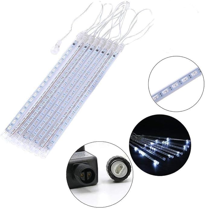 Christmas Lights Outdoor UL Certified Meteor Shower Lights 12 Inch 8 Tubes 192 LED Falling Rain Drop Icicle Snow Cascading Light for Xmas Tree Wedding Party Garden Decoration, White