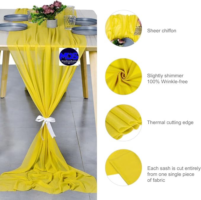 MDS Halloween Chiffon Table Runner - 12 Pack, 29 x 170 Inches, 14ft Each - Sheer Spooky Table Runners for Haunted House Parties, Trick-or-Treat Tables, Witchy Décor, Wedding & Events - Yellow