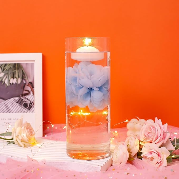 24 Pcs Floating Candles for Centerpieces and Floating Flowers Artificial Flowers Head Vase Filler for Party Home Table Wedding Centerpieces Decoration (Blue)