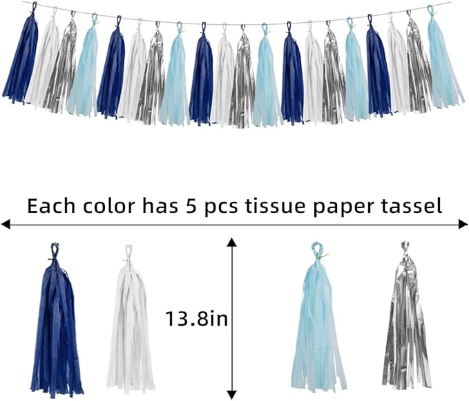 Teal Silver White Navy-Blue Party-Decorations – 15pcs Tissue Paper Tassel Garland Banner Birthday Decorations for Boy Men Christmas Baby Shower Winter Theme Hanging Decor HongTongTong