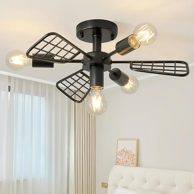 Modern Farmhouse Chandelier,21 Inch Black Metal Geometry Rustic Vintage Semi Flush Mounted Ceiling Light Fixture for Dining Room Bedroom Kitchen Island Hallway Foyer Entryway(4-Light)