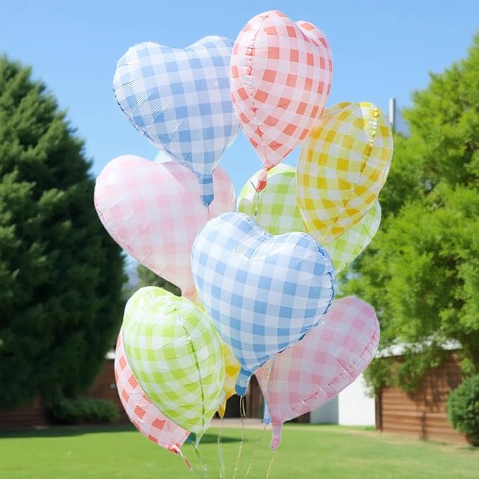 Blue White Checkered Heart Balloons,12Pcs 18Inch Light Blue Grid Heart Shaped Foil Helium Polyester Film Balloons for One Silly Goose Birthday Baby Shower Party Decorations