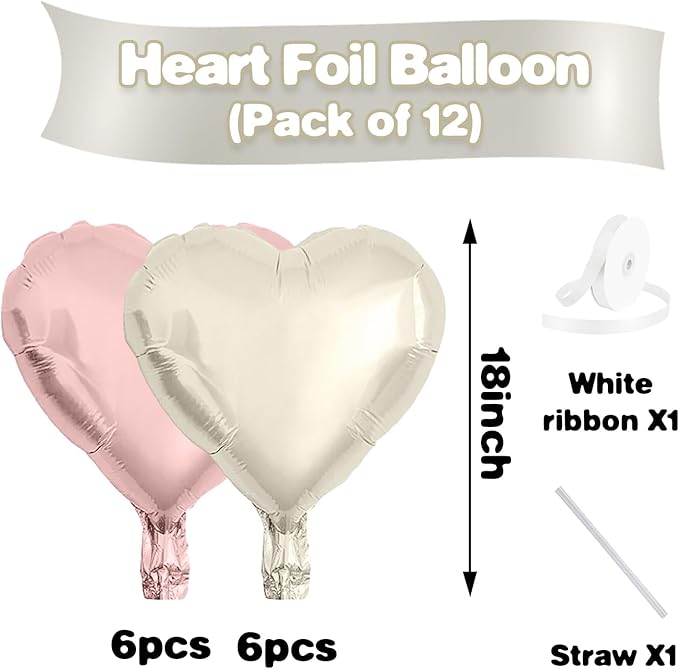 Baby Pink White Heart Balloons,12Pcs 18 Inch Light Pink Cream Foil Love Heart Shaped Balloons for Bow Birthday Party Bridal Engagement Wedding Anniversary Baby Shower Valentines Day Decorations