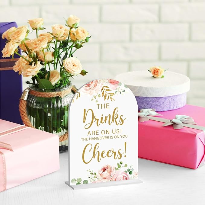 Acrylic Wedding Signs, Bridal Shower Decorations, The Drinks Signs for Reception, Modern Calligraphy Arch Acrylic Table Top Sign for Wedding Reception and Engagement Parties (Pink Flowers)