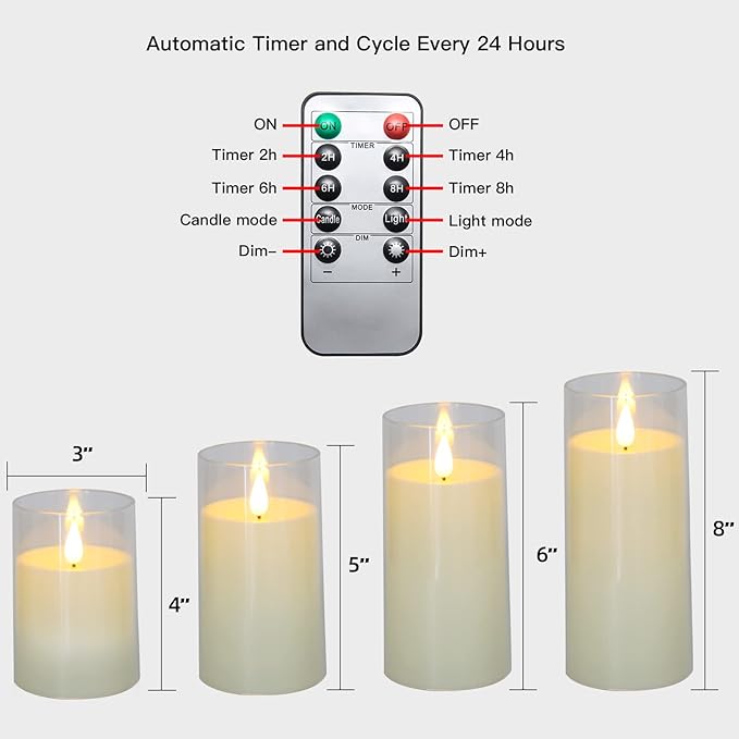 Fo32won Ivory White LED Flameless Pillar Candles Battery Operated with Remote and Timer, Pack of 5 (D 3"×H 4" 5" 6" 8" 8") Decorative Plexiglass Flickering Candles with 3D Flame