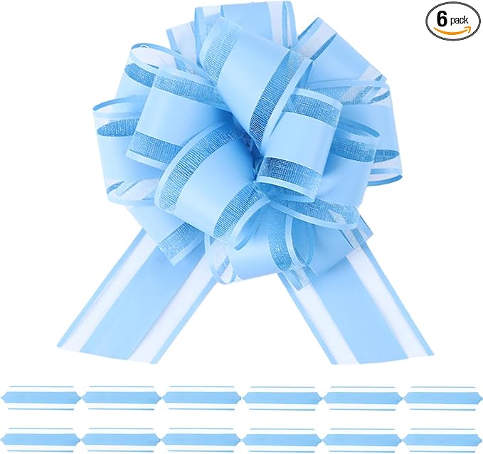6Pcs 6inch Pull Bow Gift Wrapping,Pull Bow For Gift Basket, Gift Bag Box Wrapping Decor, Valentines Day, Birthday, Anniversary, Wedding, Flower Packaging (Baby Blue)