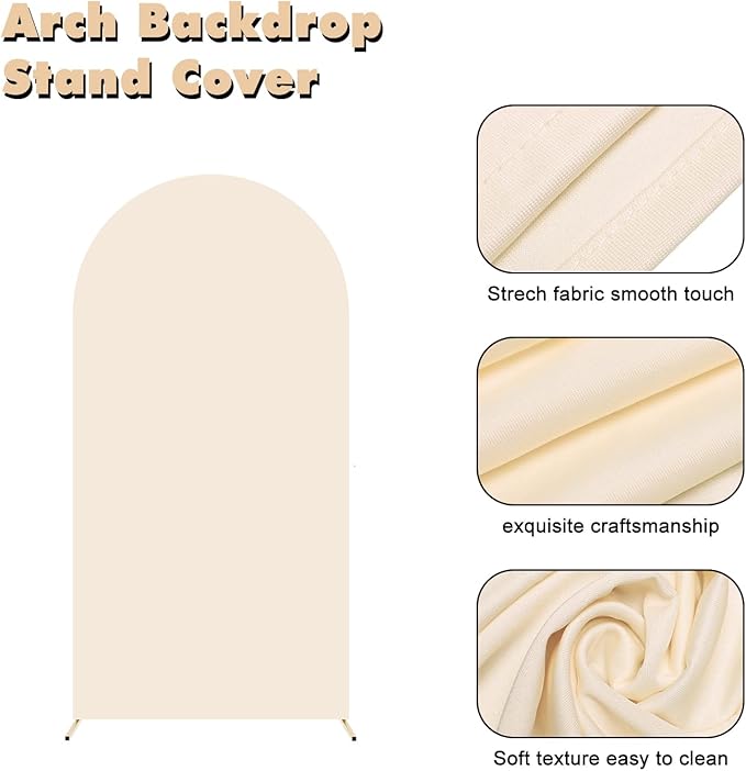 7.2FT Wedding Arch Backdrop Stand and Beige Arch Cover, Beige Spandex Fitted Backdrop Cover and Gold Wedding Arch Frame for Birthday Party Wedding Ceremony Bridal Baby Shower, Parties Decoration.