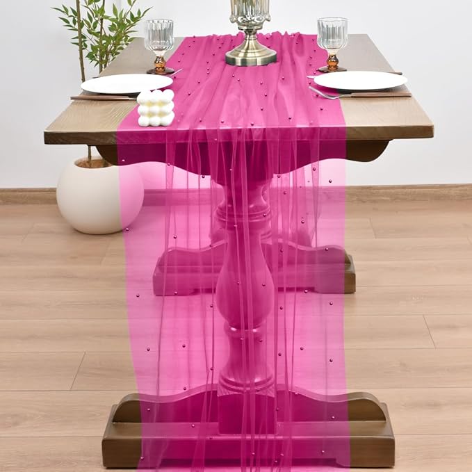 Joanlody Fall Fuschia Pearl Table Runner 10ft Rustic Boho Tulle Table Runner with Pearls for Baby Shower Wedding Party Veil Dessert Thanksgiving Table Decor Hot Pink 4pcs