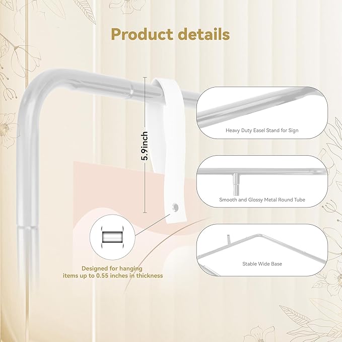 Wedding Sign Holder, Adjustable Welcome Sign Stand w/ Leather Hanging Strap, Satin Ribbon & Carry-on Bag, Heavy Duty Easel Stand for Wedding Seating Chart, Display & Poster (White)