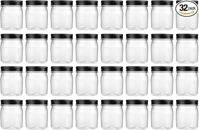 novelinks 8 oz Clear Plastic Jars with Screw-On Lids - BPA-Free Refillable Storage Containers for Slime, Spices, Crafts, Kitchen & Home Organization (32 Pack,Black)