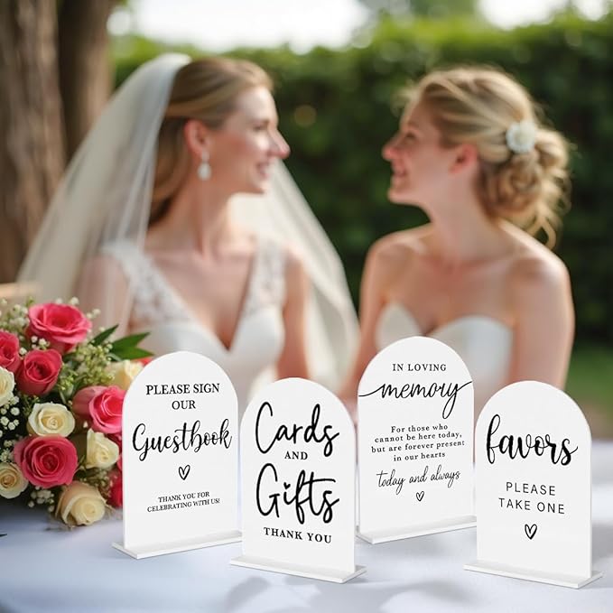 4 Pcs Acrylic Wedding Signs for Ceremony and Reception, Bridal Shower Decorations, Cards and Gifts Signs, Guest Book Sign, Arch Acrylic Table Top Sign with Holder for Wedding Reception (White)