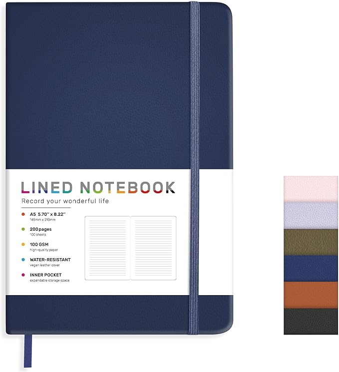 Lined Journal Notebook for Women Men, 200 Pages A5 Hardcover Leather Journals 5.7” x 8.3”, A5 College Ruled Notebooks with 100 GSM Thick Paper for Writing,Travel,School,Office,Work,Business(Blue)