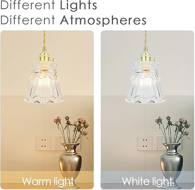 Vintage Pendant Light - Gold Hanging Lamp with French Floral Glass Shade, 70-Inch Adjustable Cord for Kitchen Island, Dining Room, Bedroom, Over Table (Hardwired)
