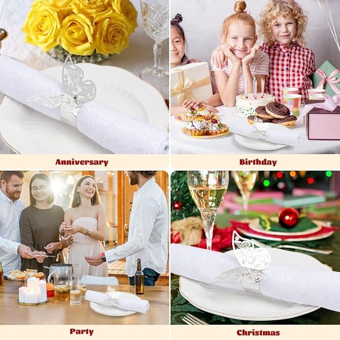 100 Pcs Napkin Rings Laser Cut Butterfly Shape Foil Paper Napkin Holder for Weddings Party Serviette Table Decoration Restaurant (Silver)