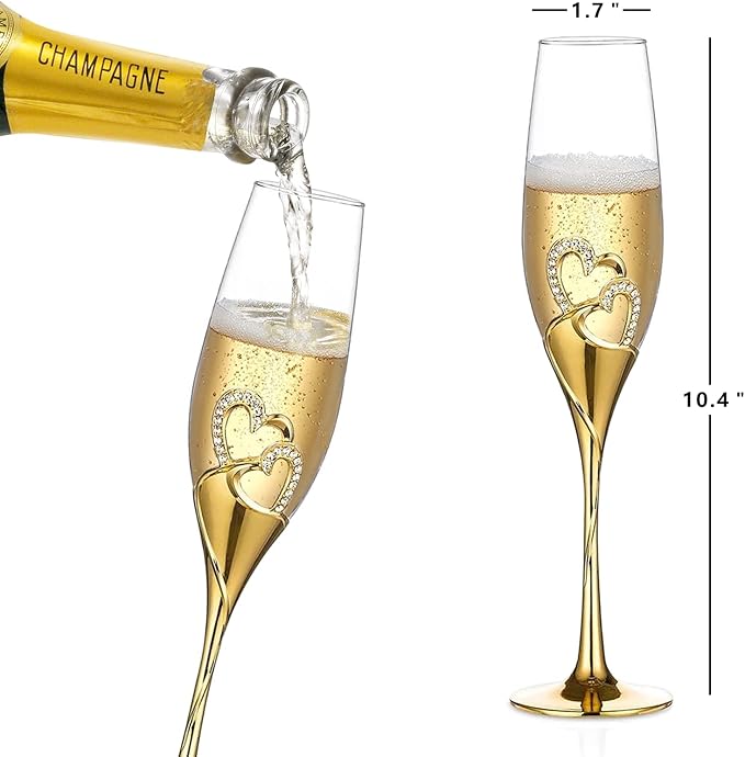 Wedding Cake Knife and Server Set, Gold Wedding Champagne Fluteswith Twin Heart Base and Rhinestone Detailing, Toasting Glasses for Couple Bride and Groom, Cake Cutting Set of 6