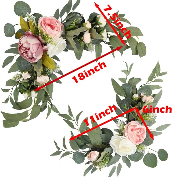 H&W 2pcs Artificial Wedding Arch Flowers for Wedding Sign, Floral Swag Dusty Decor for Reception Ceremony Backdrop Sweetheart Table(Willow Leaves-Peony-Pink)