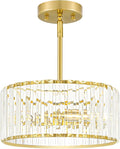 Gold Crystal Chandelier for Dining Room, 3-Light Modern Semi Flush Mount Ceiling Pendant Light Fixture, Round Pendant Lights Kitchen Island, Chandelier for Living Room Bedroom Hallway Entryway, E12