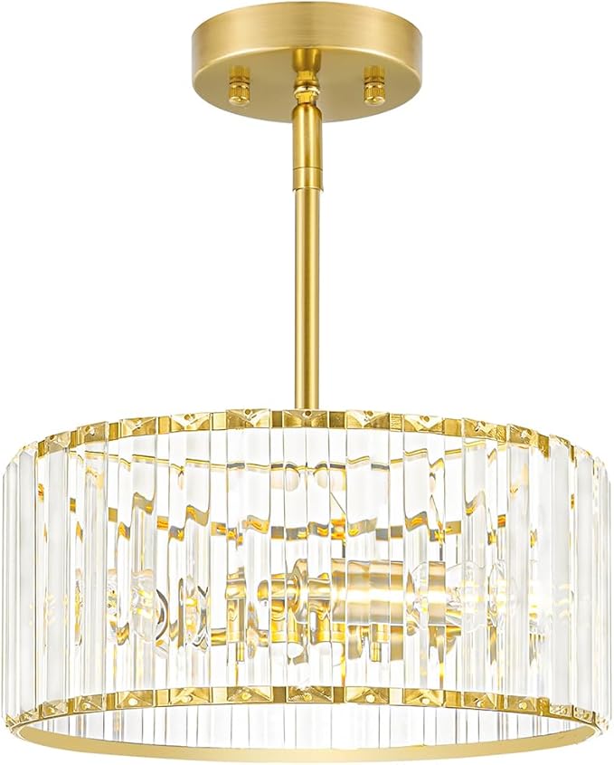 Gold Crystal Chandelier for Dining Room, 3-Light Modern Semi Flush Mount Ceiling Pendant Light Fixture, Round Pendant Lights Kitchen Island, Chandelier for Living Room Bedroom Hallway Entryway, E12