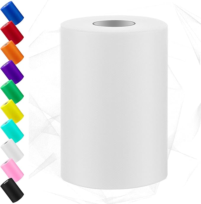 Swpeet 6 Inch by 100 Yards White Tulle Fabric Roll, Fabric Spool Tulle Ribbon, Netting Polyester Spool Ideal for DIY Handmade Birthday Party Wedding Decorations Christmas Craft Supplies