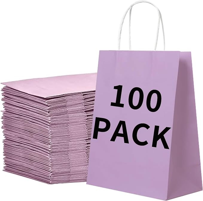 BAG BOX 100 Pack 5.9x3.1x8.25 Inch Purple Gift Bags with Handles,Bulk Kraft Paper Bags for Shopping, Retail, Merchandise, Wedding, Party Favors, Paper Grocery Sacks