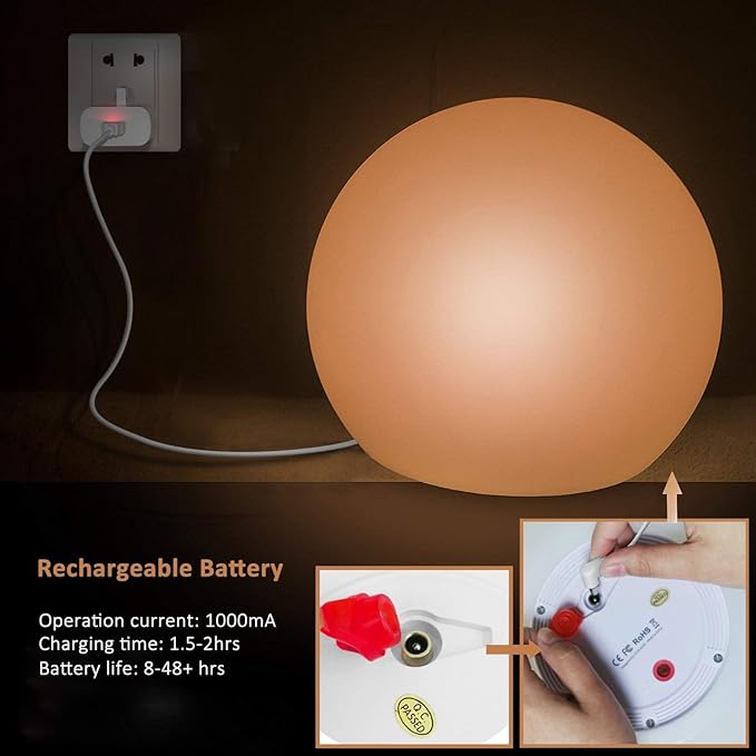 10-Inch LED Ball Light, Rechargeable Dimmable LED Glowing Orb Light w/Remote, 16 RGB Color Changing Globe Floor Lamp, Indoor/Outdoor Waterproof Mood Lamp for Home Lawn Party Pool Decor