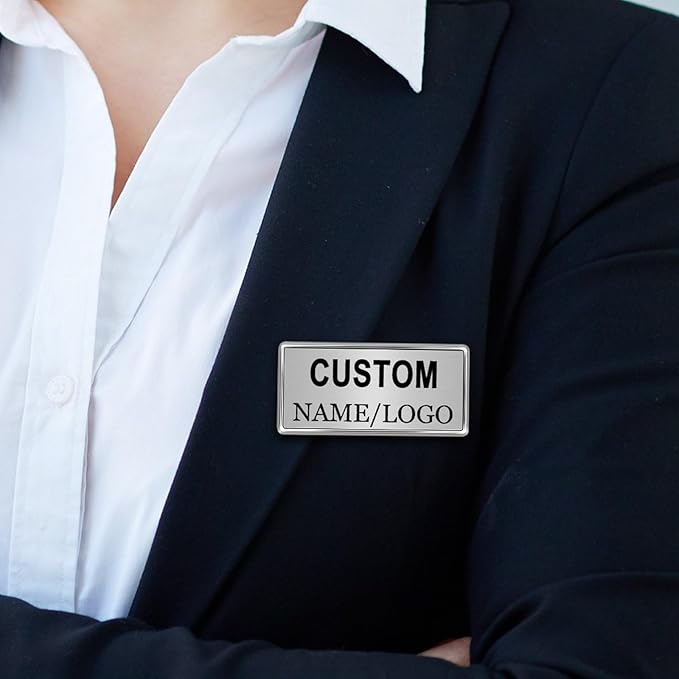 Custom Name Tags ID Badges with Logo Name Personalized Name Badges Custom Name Tag ID Badge with Pin Backing Customizable Name Tag for Business Offices Stores Restaurant, 1.5x2.8 in, 5PCS