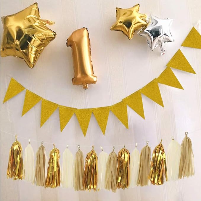 MerryNine Triangle Flag Bunting Banner, 3 Pack 30 Feet Vintage Style Pennant Banner for Wedding, Baby Shower, Event & Party Supplies 45pcs Flags (Triangle Flag - Gold Glitter)