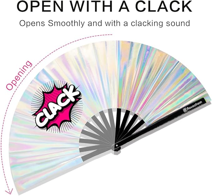 Large Rave Fan, Clack Folding Hand Fan with Premium Fabric, Thick Bamboo Frame for Men Women Gift for EDM, Festival, Club, Party, Dance, Decoration (Holographic Silver, 11")