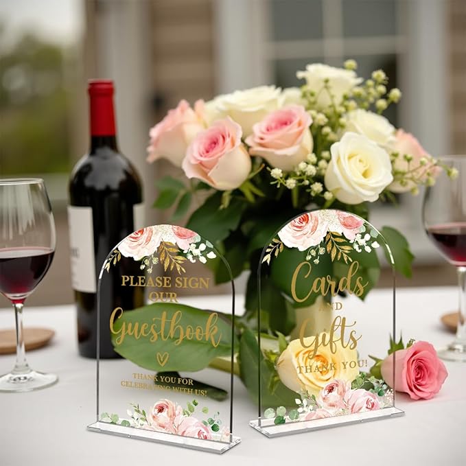 2 Pcs Acrylic Wedding Signs for Reception, Bridal Shower Decorations, Cards and Gifts Signs, Guest Book Sign, Arch Acrylic Table Top Sign with Holder for Wedding Reception (Clear Pink Flowers)