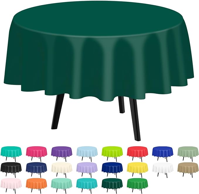 QIKSION Dark Green Round Tablecloth 3 Pack, 84 Inch Plastic Table Cover Disposable for Parties