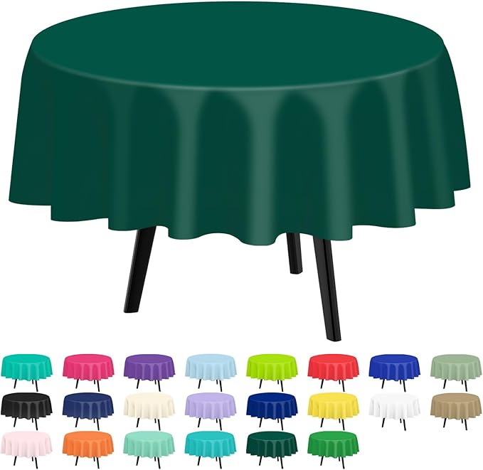 QIKSION Dark Green Round Tablecloth 6 Pack, 84 Inch Plastic Table Cover Disposable for Parties