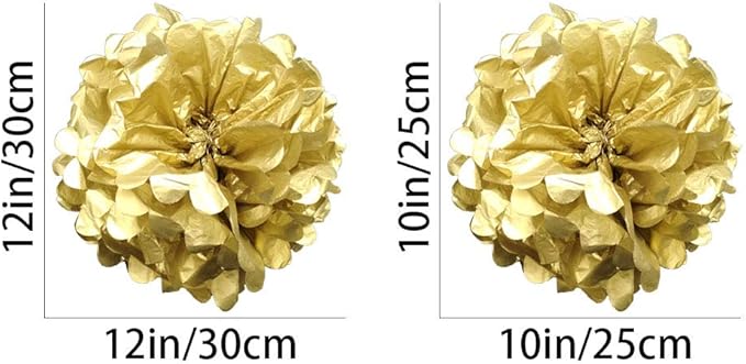 Gold Paper Pom Poms - Party Tissue Paper Flowers Balls - Party Hanging Decoration Supplies - Size of 10inch, 12inch, Great for Wedding, Birthday, Any Parties and Events (12 PCS)
