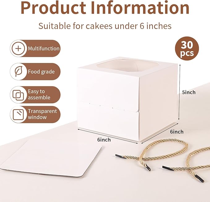 30 pcs 6x6x5 Inch Small Cake Box with Window, 6 inch cake box,Bakery Pastry Cookie Boxes,disposable cake containers, Mini Pie for Pastry,Dessert,Strawberries,Chocolates, Cupcakes