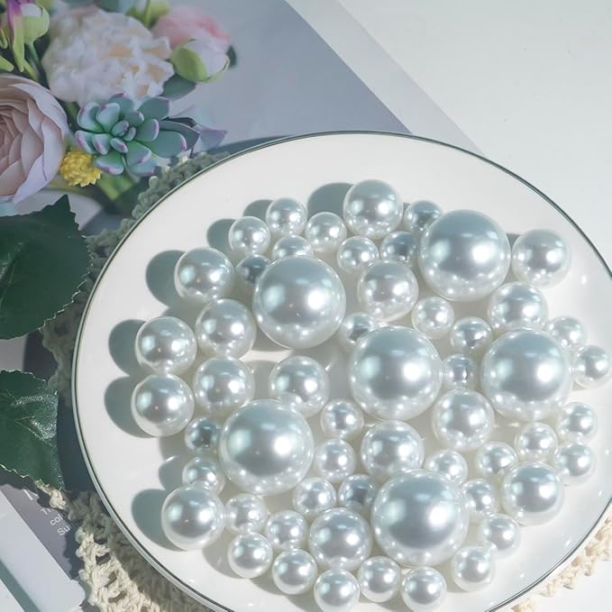 300Pcs White Polished No Hole Faux Pearl Beads for Vase Filling Decorations, Plastic Pearls Vase Fillers, Table Scatters, Wedding Centerpiece, Home Decor, 8/14/20 mm