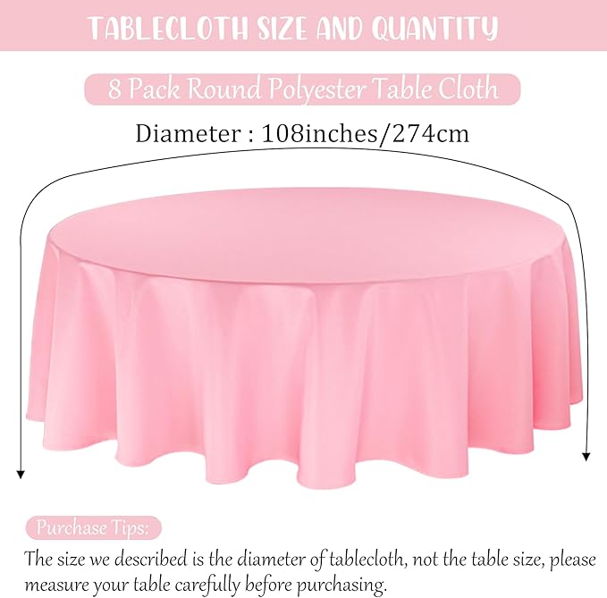 8 Pack Premium Pink Tablecloth - 108 Inch Round Table Covers - Washable Polyester Fabric - Wedding Party Reception Banquet Buffet Restaurant