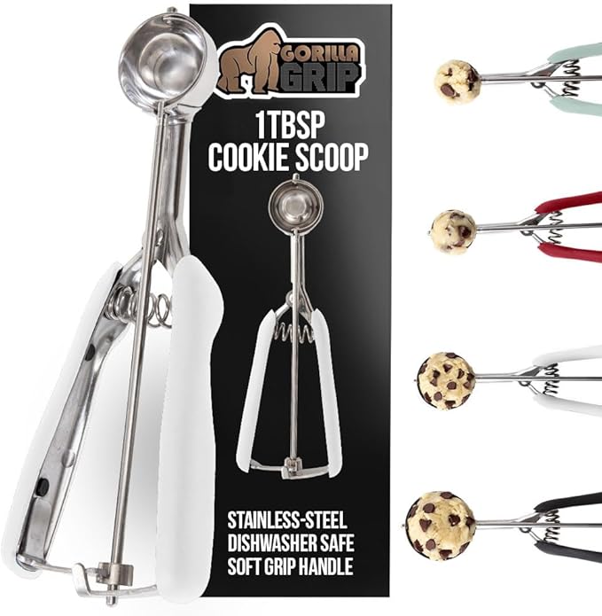 GORILLA GRIP Stainless Steel Multipurpose BPA-Free Spring Scoop, 1 TBSP, Melon Ballers, Cookie Dough Scoops, Perfect Portion Sizes, Easy Squeeze and Clean Release, Scooper Size 60, White