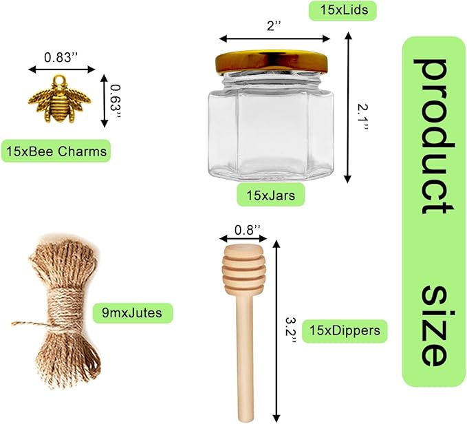 Adabocute Honey Pot 2oz, Mini Glass Honey Jars with Wood Dipper, Gold Lid, Bee Pendants, Beige Gift Bags, Thank-you Tags, Ideal for Baby Showers Favors Wedding Favors, 15 Pack