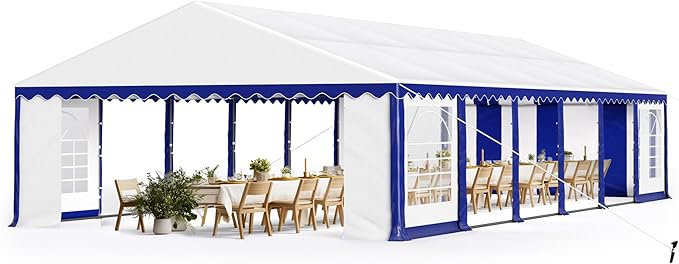 PHI VILLA 40 ft. x 20 ft. Large Outdoor Canopy Wedding Party Tent with Removable Side Walls & 7 Storage Bags, White with Blue Stripes
