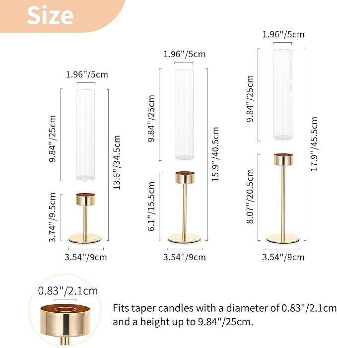 NUPTIO Hurricane Candlestick Holders for Centerpiece: Gold Taper Candles Stick Holders with Clear Glass Chimney - Tall Candleholder Set of 3 for Birthday Party Outdoor Decor