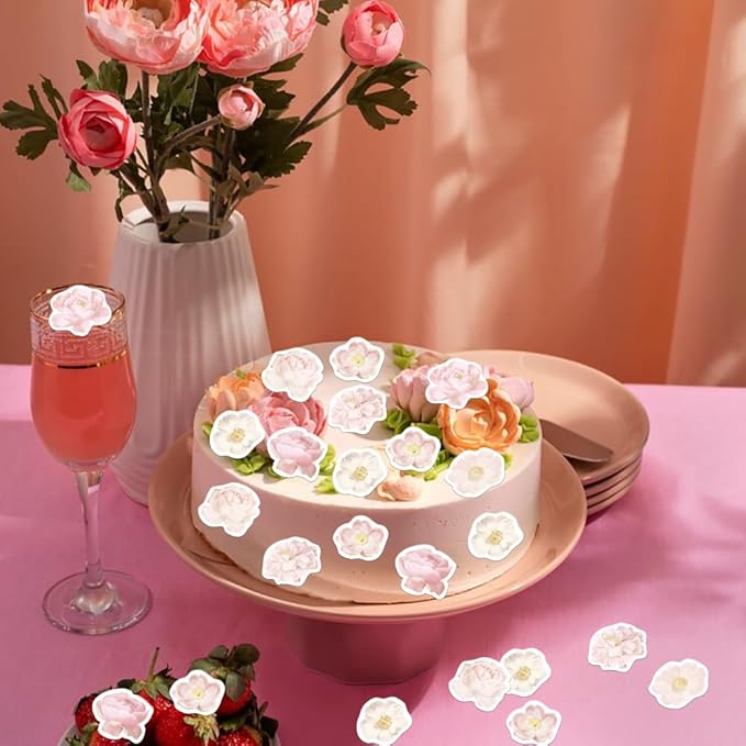 48PCS Edible Rose Flowers Cupcake Toppers Edible Pink Rose Flowers Cupcake Decor Wafer Paper Wedding Flowers Cupcake Picks for Flowers Theme Engagement Birthday Party Decor Supplies