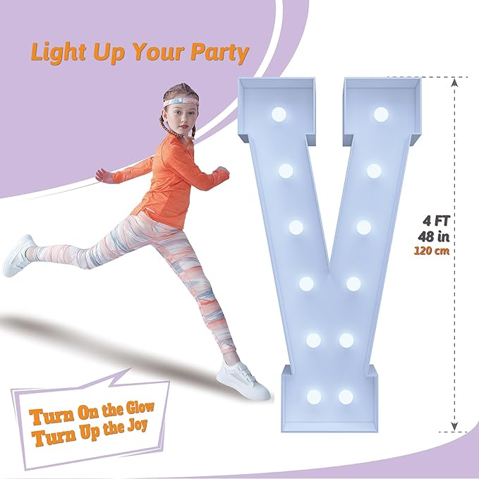 4FT Marquee Light Up Letters V – Cool White LED, Easy to Assemble Foam Board with Back Support, Large Marquee Light Up Letters for Birthday, Wedding, Party, Anniversary, Baby Shower Decor